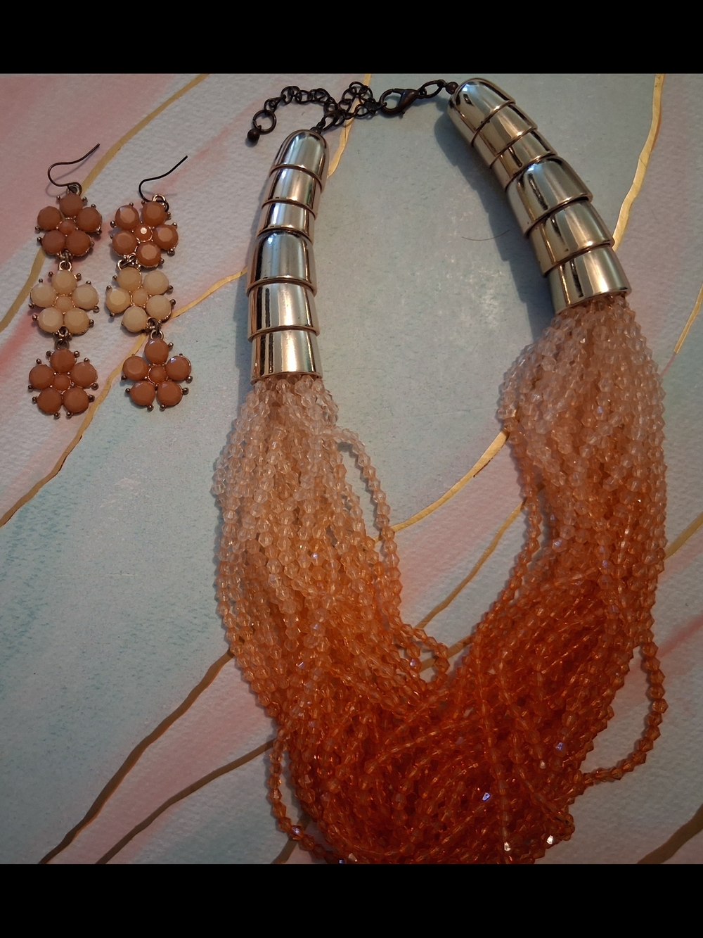 Women’s Peach Beaded Multi-Strand Necklace with Floral Dangle Earrings